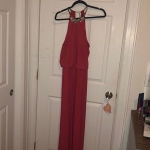 Red summer dress with studded neckline